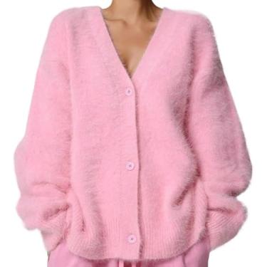 Imagem de Suéter Feminino De Mohair Felpudo Com Botões E Decote Em V Manga Longa De Malha Casual Leve Cardigan, 5, XL