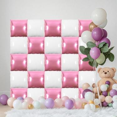 Imagem de NYEONHRT Kit de parede com 25 balões quadrados de dupla face, 48 cm cromados para decoração de aniversário, casamento - suprimentos de festa reutilizáveis sem hélio (rosa + branco)