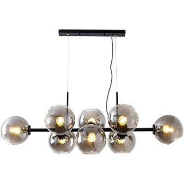 Imagem de Lustre Longo De Bola De Vidro Nórdico, Luzes Da Ilha De 110cm 8-luzes Luz Pendente Esférica E26 Dourado Lustre De Meados Do Século Cinza Fumaça Para Sala De Estar Sala De Jantar, Black, Smoke gray