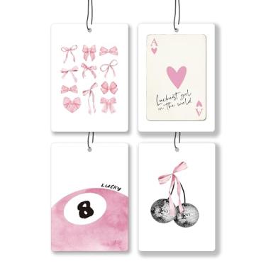 Imagem de JWVK Aromatizador de ar de carro rosa Coquette Bow Preppy Lavanda, moderno Funky Cherry Lucky 8 Ball Hanging Air Freshener 4 peças para livros de gaveta de armário de carros, acessórios de carro fofos