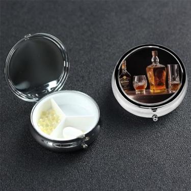 Imagem de Whisky Beer Pictures Caixa de comprimidos com 3 compartimentos para bolsa e bolso, organizador de comprimidos fofo com espelho, caixa de comprimidos portátil de viagem, organizador de medicamentos