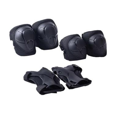 Imagem de UGPLM Joelheiras e cotoveleiras Joelheiras confortáveis ​​Conjunto de equipamentos de proteção para crianças Protetores de pulso para crianças Snowboard, Preto