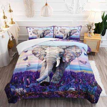 Imagem de AILONEN Conjunto de edredom casal, elefante roxo, borboleta, elefante, boho, estampa de animal selvagem, exótica, macia, com 2 fronhas, 3 peças