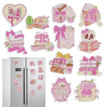 Imagem de Ímãs de arte de diamante com laço rosa - 12 peças de adesivos de geladeira de arte de diamante kit de ímãs para adultos, crânio de conquete rosa para amantes de livros presentes para mulheres, pintura
