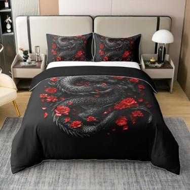 Imagem de Feelyou Capa de edredom de dragão 100% algodão, tamanho solteiro, conjunto de cama com dragão personalizado, botânica, rosa, floral, conjunto de capa de edredom com tema dragão selvagem, vermelho,