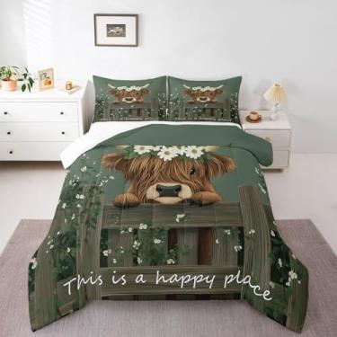 Imagem de Erosebridal Farmhouse Highland Cow, conjunto de cama casal para meninos e crianças, edredom rústico engraçado, animal engraçado, bovino marrom fofo, enchimento de edredom com flores florais, 3 peças