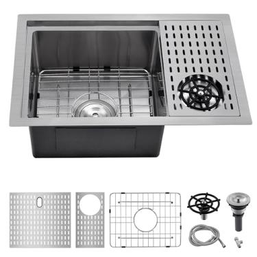 Imagem de Pia de barra de cozinha de aço inoxidável de 63 cm com enxágue de vidro, pia de cozinha pequena Scamall 68 x 38 cm com arruela de copo Pias de estação de trabalho de aço inoxidável calibre 16 SM015SBG