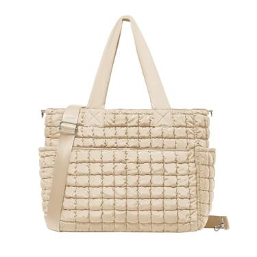 Imagem de Yarnic Sacola acolchoada para mulheres, bolsa grande leve com zíper e 7 bolsos, bolsa de ombro inchada para viagens, academia, trabalho, Leite de coco