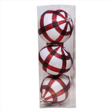 Imagem de Bola De Natal Xadrez Branca Vermelha Preta C/3 Un. 8Cm - Magizi