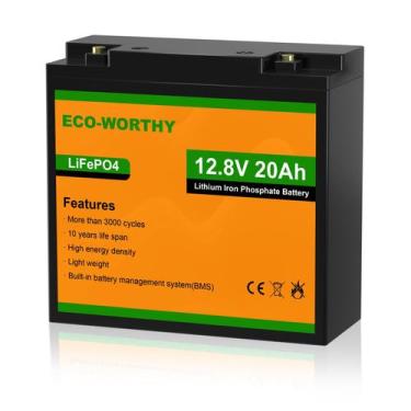 Imagem de Bateria de lítio ECO-WORTHY 12V 20Ah LiFePO4 com BMS 3000+ ciclos