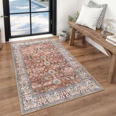 Imagem de KUTA Tapetes de terracota 7 x 12 cm para entrada, tapete floral vintage lavável, antiderrapante, ultrafino, macio, estampado, envelhecido, entrada de pelo baixo, tapete para quarto, berçário, sala de