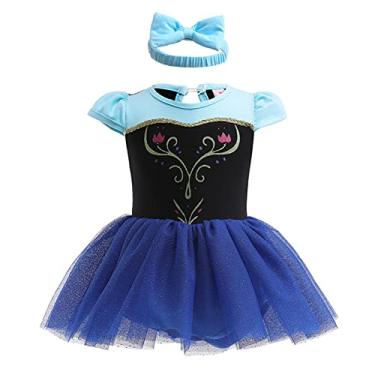 Imagem de Macacão infantil de princesa com gravata borboleta e faixa de cabeça para bolo de aniversário, roupa de Halloween cosplay fantasia infantil macacão vestido de Natal vestido de tutu extravagante azul escuro 9-12 meses