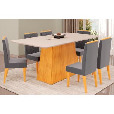 Imagem de Sala de Jantar Completa Dulce Tampo Madeirado c/ Vidro Reto 180x90cm e 6 Cadeiras Lia Cedro/Off White - Suede Lunar - DJ Móveis