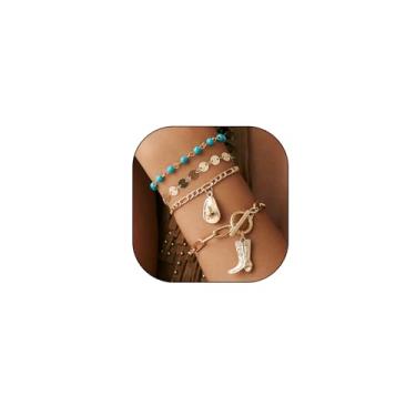 Imagem de GIGB PBDK Pulseiras femininas ocidentais em camadas boho turquesa com contas pulseira de corrente chapéu de vaqueira botas sol flor moeda pulseira country concerto roupas acessórios, Medium, Liga de