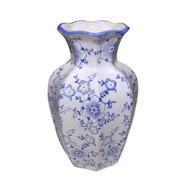Imagem de WF Vaso Chinoiserie Vaso de flores de cerâmica decorativo, padrão floral azul e branco, borda recortada