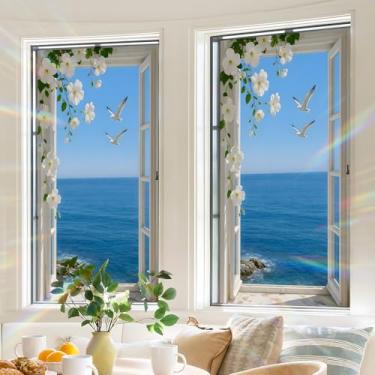 Imagem de BVBOX Película de privacidade para janela de 44,5 cm x 99,8 cm, adesivo de película de vitral com bloqueio solar para paisagens marinhas azuis, adesivos de vidro decorativo não adesivo para controle