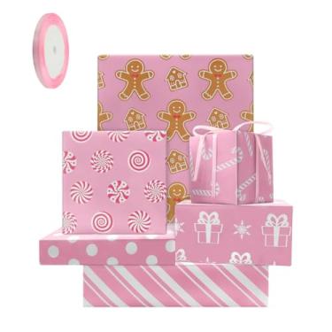 Imagem de Papel de embrulho rosa de Natal para meninas, crianças e mulheres, papel de embrulho para presente de bengala doce, 6 folhas dobradas planas, 51 x 71 cm por folha com 1 rolo de fita rosa para Ano Novo
