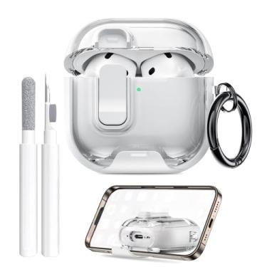 Imagem de Maxjoy Capa transparente para AirPods 4 com trava e kit de limpeza, capa transparente de TPU macio com suporte e design à prova de poeira para Apple AirPods 4ª geração 2024 [fecho pop-up automático