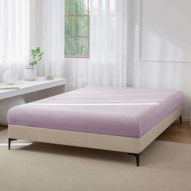 Imagem de JIYUAN 1 lençol com elástico 100% algodão lavado, lençol de baixo com bolso profundo para colchões de até 43 cm, confortável e respirável para todas as estações, tamanho Queen, roxo claro mesclado