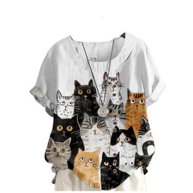 Imagem de Blusa túnica domirica feminina com estampa de gato, manga curta, branc