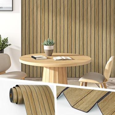 Imagem de Wallercity Painéis de parede de grão de madeira de ripas marrons espessas 29 x 38 cm Descasque e cole painéis de madeira 3D com absorção de som, autoadesivo, impermeável, flexível, cerca de madeira