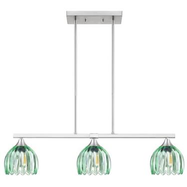 Imagem de 3 luzes 66.3 cm cozinha ilha lustre moderno pingente luminária de teto, níquel escovado metal tulipa vidro verde sala de jantar bar café sala de estar