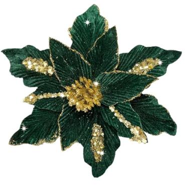 Imagem de NiidodKatzi 6 peças de flores de poinsétia com glitter grandes, 28 cm, decoração de flores artificiais de Natal para árvore de Natal, guirlanda de guirlanda (verde floresta)