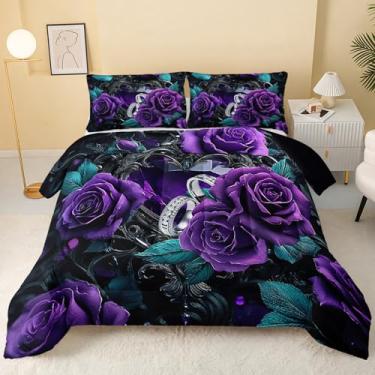 Imagem de QOOMO Conjunto de cama solteiro com estampa de anéis e rosas roxas, para decoração de quarto de meninos e adolescentes, macio e leve para todas as estações, 1 edredom e 2 fronhas