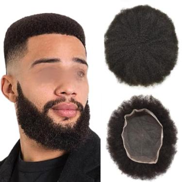 Imagem de Toupee masculina Afro Curly Swiss Lace - Sistema de substituição de cabelo humano de renda completa, peruca de cabelo durável para afro-americanos, ondulado crespo 8X10 (#1B Off Black, ondulado de 2