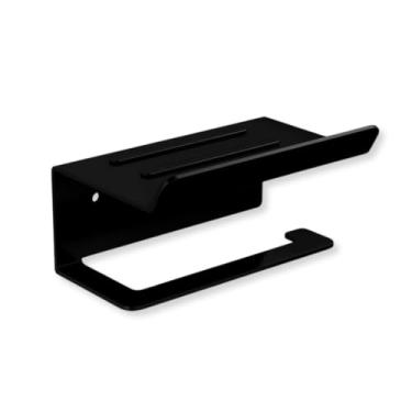 Imagem de Suporte Papel Higiênico Multifuncional Com Prateleira Para Apoio de Celular Difusor de Ambiente Lenço Umedecido Resistente Sem Furo Inox Premium Preto Fosco- Linha Casa Moderna&Organizada