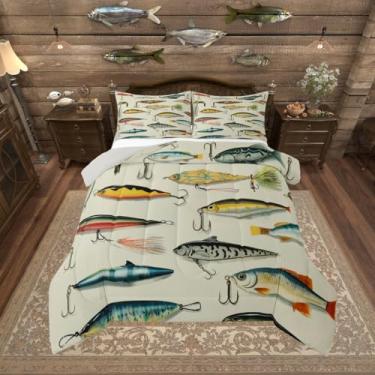 Imagem de Erosebridal Conjunto de edredom completo de peixe lúcio de robalo, caça e pesca, para crianças, meninos, adolescentes e homens, decoração rústica de casa no lago, colcha de animais marinhos, 2 fronhas