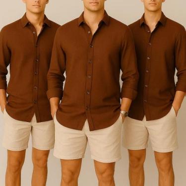 Imagem de Kit 3 Camisa de Linho Blusa Manga Longa Viscose Praia Masculina Muitas