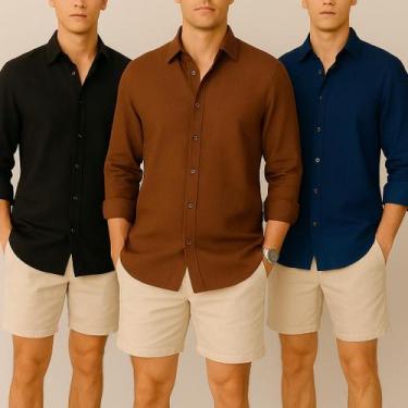 Imagem de Kit 3 Camisa de Linho Blusa Manga Longa Viscose Praia Masculina Muitas