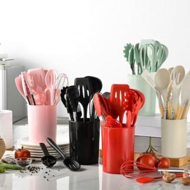 Imagem de Kit C/12 Peças Utensílios De Cozinha Colheres Espatula Silicone Cabo Madeira Decoração Livre BPA(aleatório)