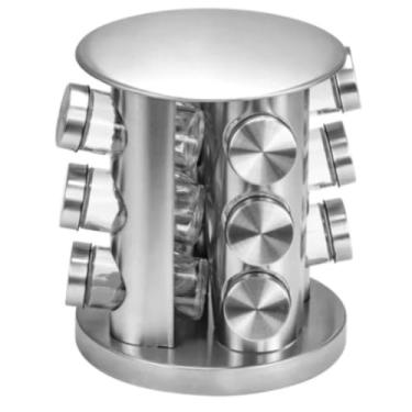 Imagem de Porta Temperos Giratório 12 Peças – Potes de Vidro com Tampa Dosadora e Base Inox