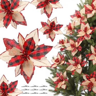 Imagem de Bucherry 12 peças de enfeites de árvore de Natal de poinsétias xadrez de búfalo, 15 cm, decorações artificiais de flores de poinsétia de Natal com clipes para decoração de guirlanda de árvore de Natal