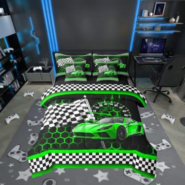 Imagem de Conjunto de edredom infantil de carro de corrida verde, tamanho solteiro de 7 peças, preto e branco, grade de treliça, carros de corrida reversível, luzes de néon, favo de mel, esportes radicais