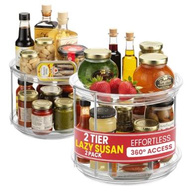 Imagem de Organizador Susan transparente de duas camadas – 2 unidades de suporte giratório para temperos para armário de cozinha, bancada, banheiro ou mesa de jantar – Suportes de carrossel giratório para