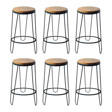 Imagem de Kit 6 Banquetas Guatemala Industrial Em Ferro E Madeira Maciça Marrom