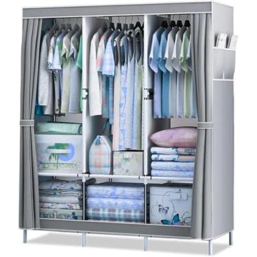 Imagem de Guarda-Roupa Dobrável 3 Portas Portátil Multiuso com Cabideiro e Sapateira – Armário Organizador Impermeável, Fechamento com Zíper, Resistente e Fácil de Montar (Cinza)