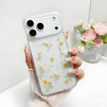 Imagem de Ykybhx Capa com flor seca transparente brilhante com glitter compatível com iPhone 17 Pro, flor prensada real seca fofa TPU e PC à prova de choque para meninas mulheres capa de telefone de borracha
