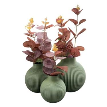 Imagem de Flores Artificiais Com Vaso Triplo Decorativo Toque Realista Arranjo Moderno Para Decoracao Residencial (Vaso Verde/Folha Vermelha)