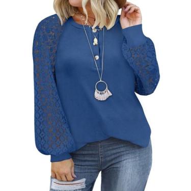Imagem de Blusa feminina Eytino plus size de renda raglan de manga comprida azul