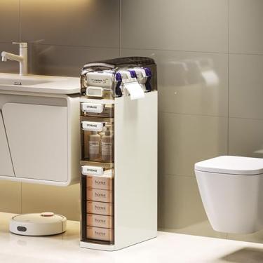 Imagem de Roqao Armário de armazenamento estreito alto de 4 camadas, armário de armazenamento fino para banheiro com gavetas e rodas, organizador de papel higiênico de plástico para espaços pequenos, cozinha