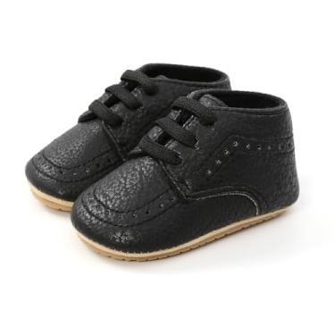 Imagem de Mocassins para bebês meninos meninas clássico casamento Brogue Oxford sapatos sociais primeiros passos caminhada sapato de berço preguiçoso, A07/preto, 12-18 Months Toddler