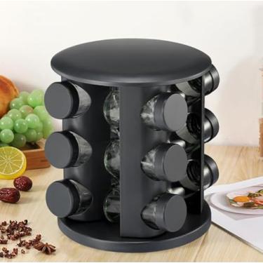 Imagem de GlowArk Organizador giratório de temperos de 360° com 12 potes de vidro – Carrossel de temperos de bancada de aço inoxidável para cozinha e despensa | Prateleira de tempero preta moderna para acesso