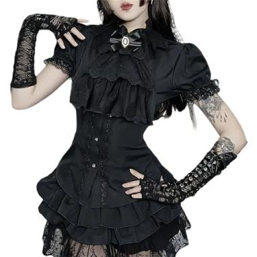 Imagem de TOMETO STAR Women Gothic Witch Mock Neck T Shirt - Floral Puff Sleeve Ruffle Lace Trim Dressy Top Tee Streetwear, Black