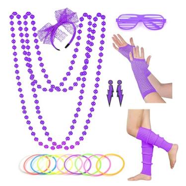 Imagem de Fantasia feminina atualizada dos anos 80, conjunto de acessórios de fantasia de festa dos anos 80 com camiseta, saia tutu etc, Z roxo, One Size