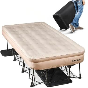 Imagem de Oaktiv Colchão de ar solteiro com moldura, cama autoinflável/esvaziadora para adultos - Cama de sopro PeakRest, berço de acampamento com colchão para adultos - solteiro portátil com estojo de rodinhas