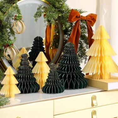 Imagem de Tigeen 6 peças de árvore de Natal de papel, 4 tamanhos, cone de Natal, 3D, favo de mel, mesa, centro de mesa, decorações modernas para decoração de casa de inverno